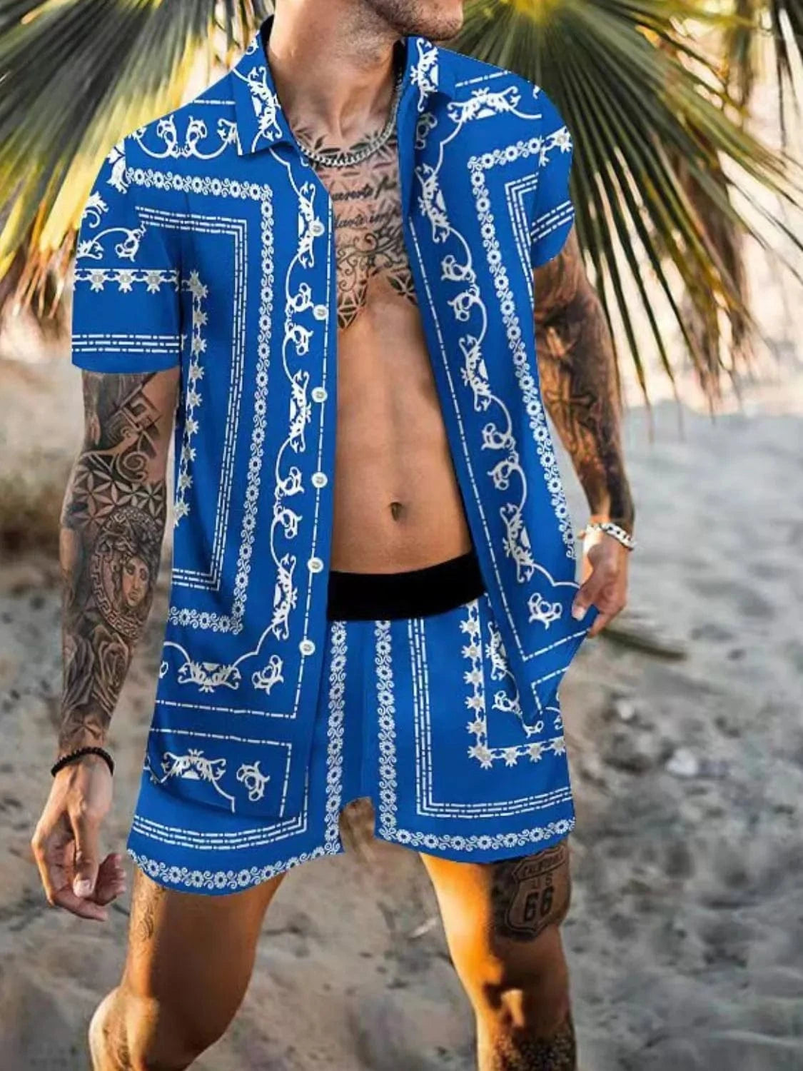 Men's Printed Collared Neck Short Sleeve Top and Shorts Set Blue / S The Nichole Collection