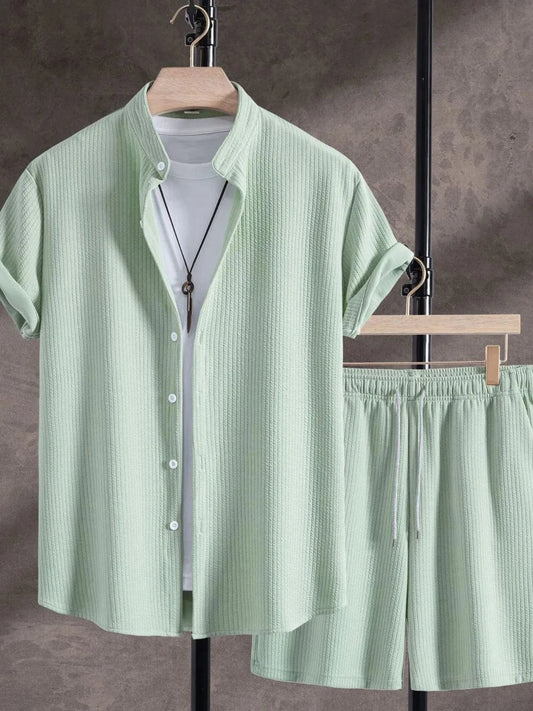 Men's Ribbed Short Sleeve Shirt and Shorts Set Green / S Jonathan M Collection