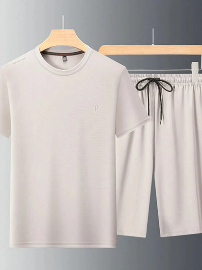 Men's Round Neck Short Sleeve Top and Shorts Set Men's Sets Khaki / M The Nichole Collection