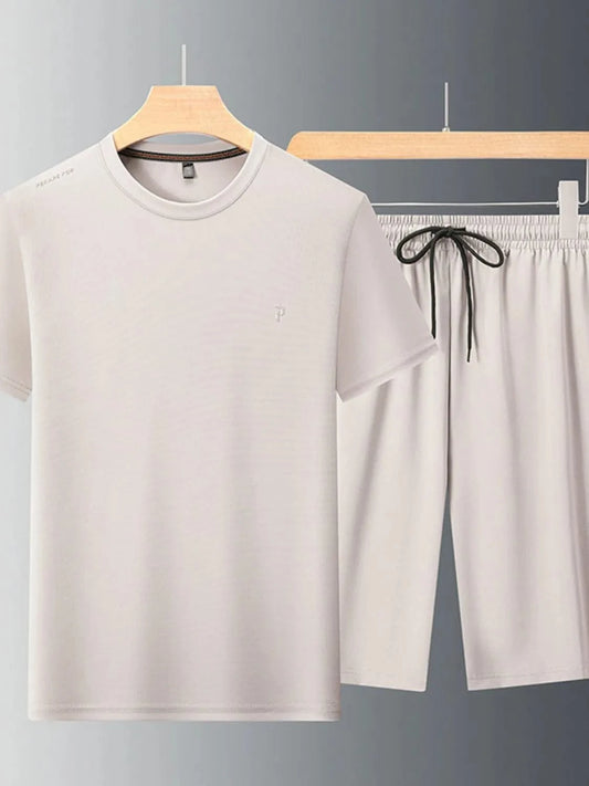 Men's Round Neck Short Sleeve Top and Shorts Set Men's Sets Khaki / M The Nichole Collection