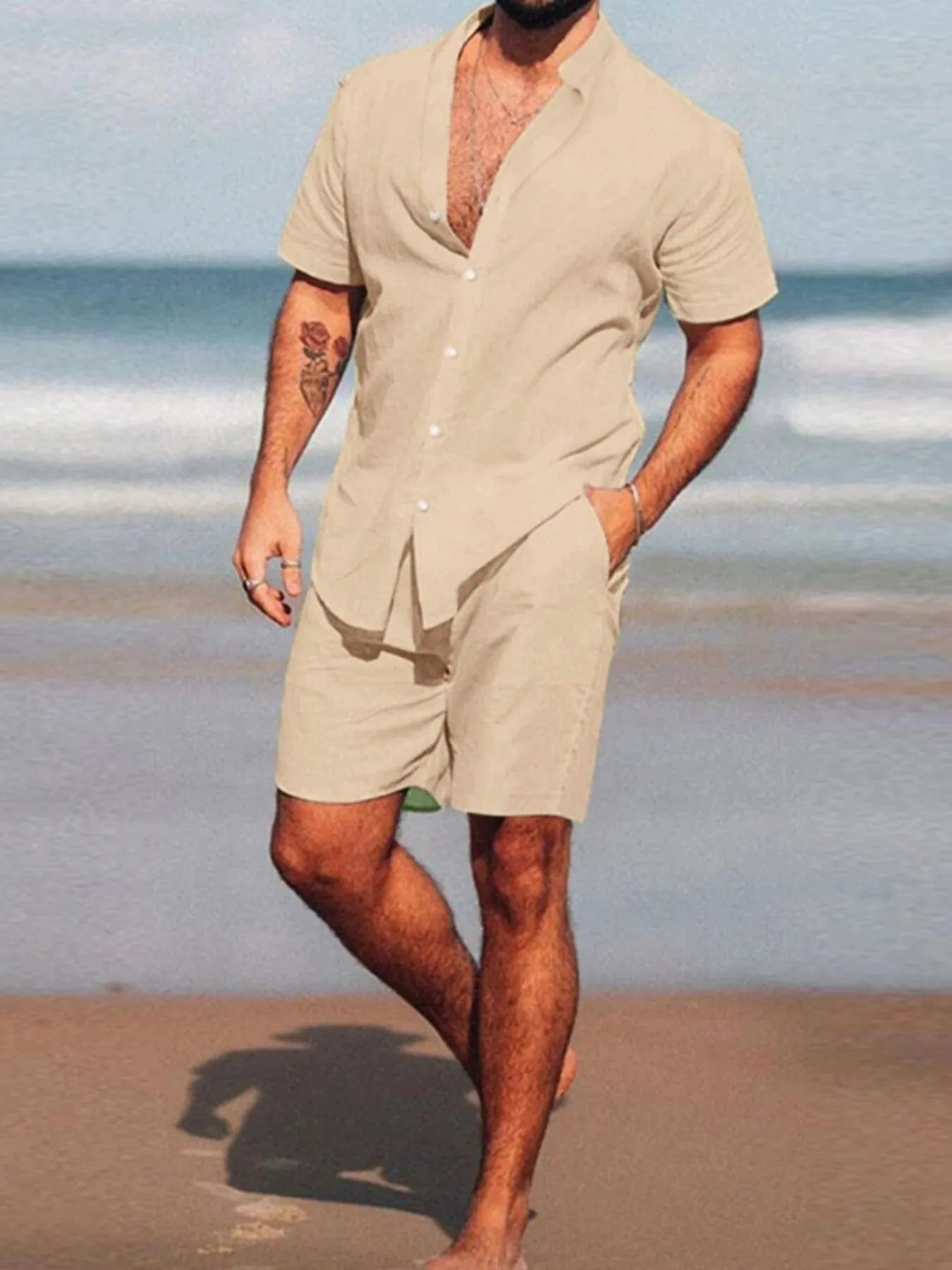 Men's Short Sleeve Shirt and Shorts Set Men's Sets Apricot / S The Nichole Collection