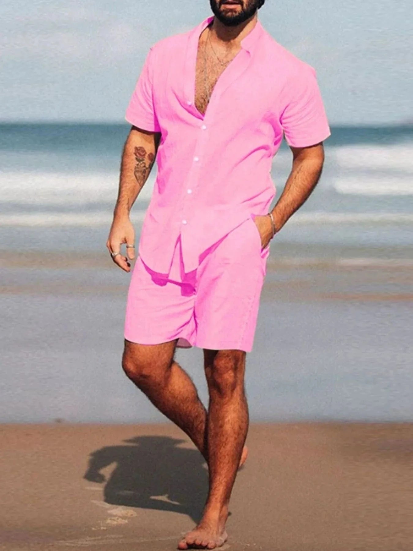 Men's Short Sleeve Shirt and Shorts Set Men's Sets Pink / S The Nichole Collection