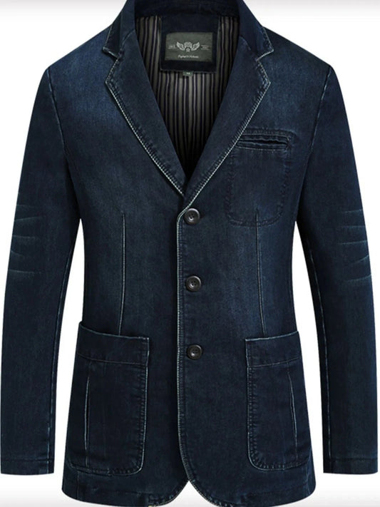 Men's Single-Breasted Denim Blazer Jacket Dark Blue / M The Nichole Collection