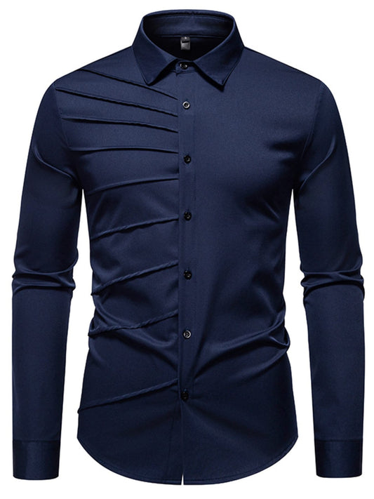 Men's Slim Fit Ruched Long Sleeve Shirt Navy Blue / S The Nichole Collection