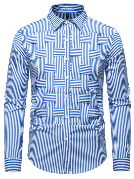 Men's Striped Woven Pattern Long Sleeve Shirt Blue / S The Nichole Collection