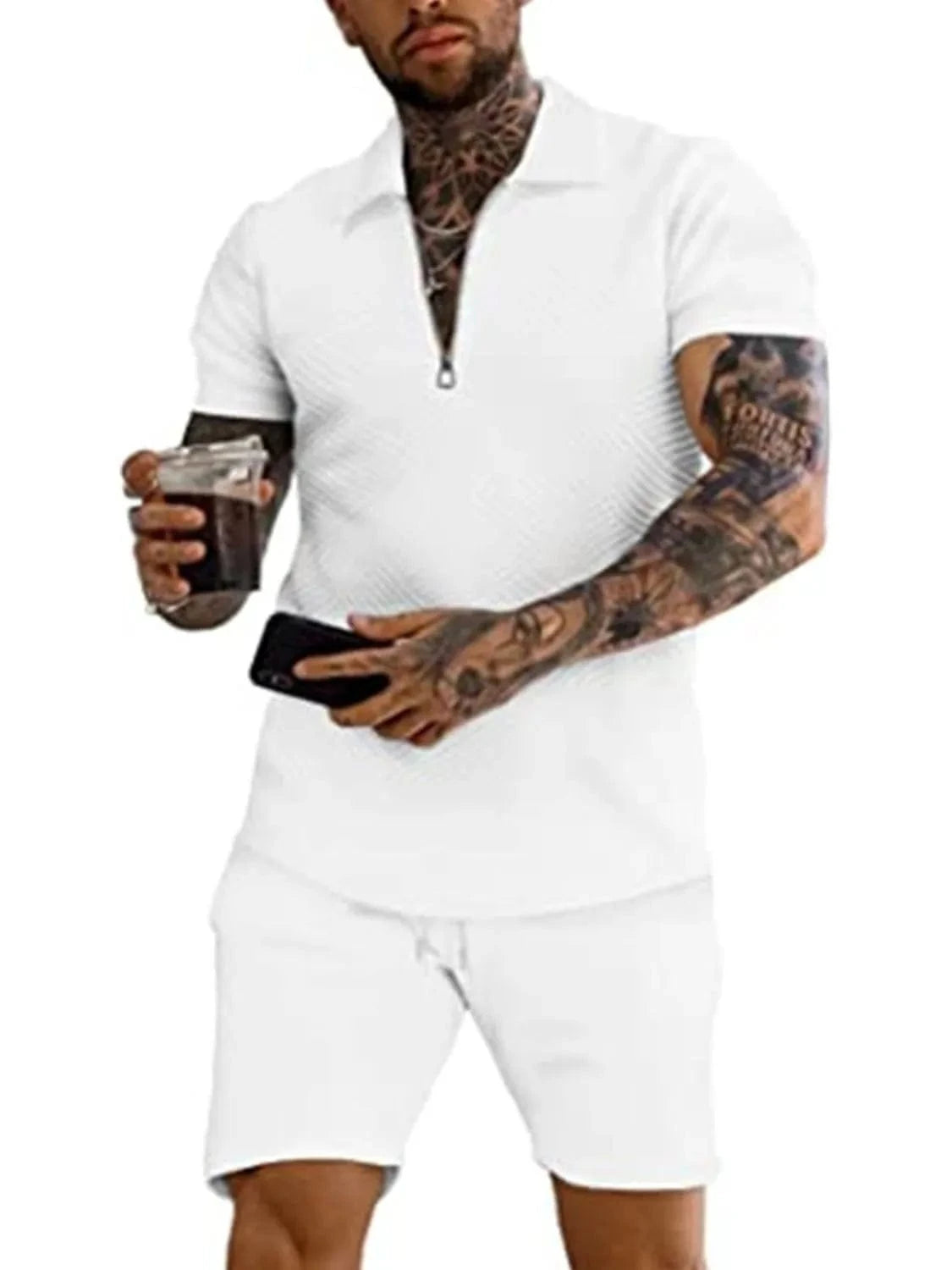 Men's Textured Collared Neck Short Sleeve Top and Shorts Set Men's Sets White / S The Nichole Collection