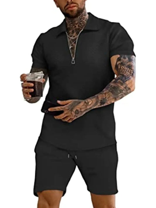 Men's Textured Collared Neck Short Sleeve Top and Shorts Set Men's Sets Black / S The Nichole Collection
