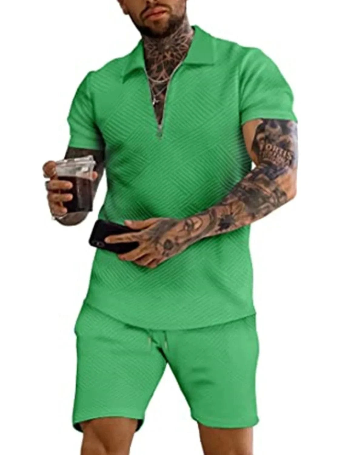 Men's Textured Collared Neck Short Sleeve Top and Shorts Set Men's Sets Green / S The Nichole Collection