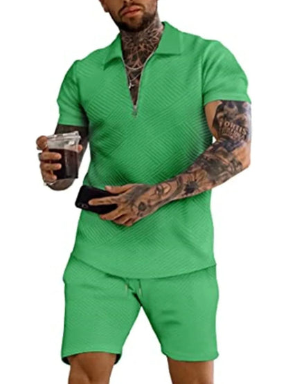 Men's Textured Collared Neck Short Sleeve Top and Shorts Set Men's Sets Green / S The Nichole Collection