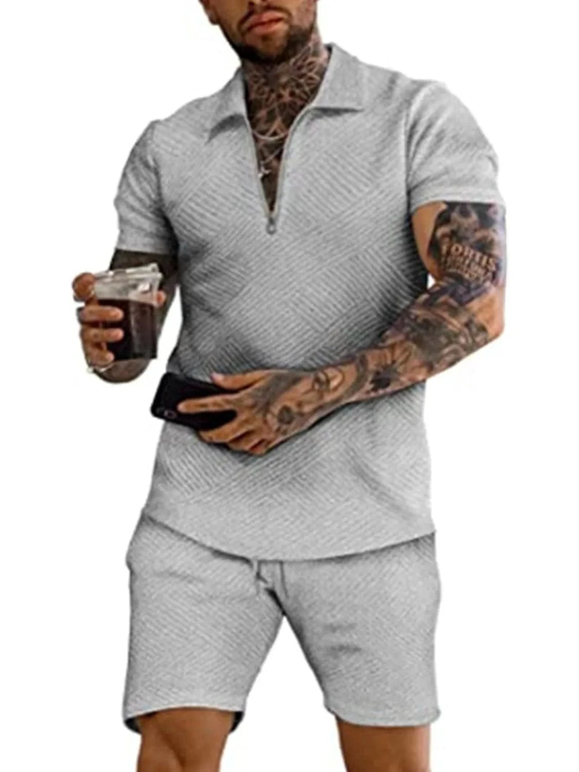 Men's Textured Collared Neck Short Sleeve Top and Shorts Set Men's Sets Gray / S The Nichole Collection