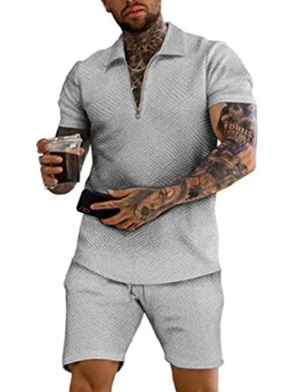 Men's Textured Collared Neck Short Sleeve Top and Shorts Set Men's Sets Gray / S The Nichole Collection