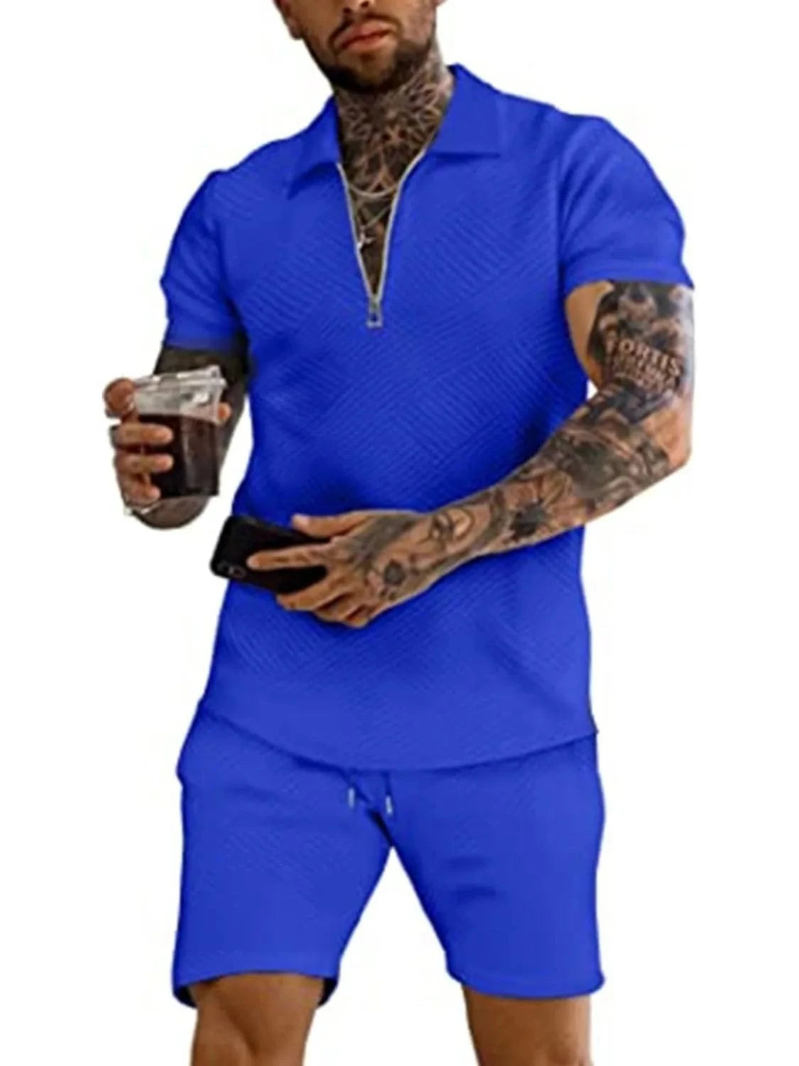 Men's Textured Collared Neck Short Sleeve Top and Shorts Set Men's Sets Royal Blue / S The Nichole Collection