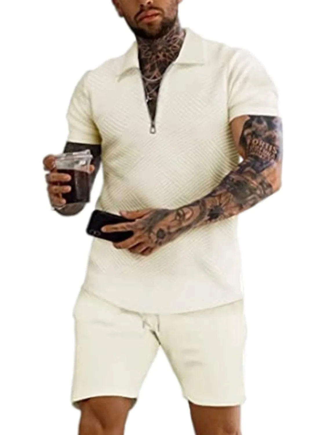 Men's Textured Collared Neck Short Sleeve Top and Shorts Set Men's Sets Tan / S The Nichole Collection