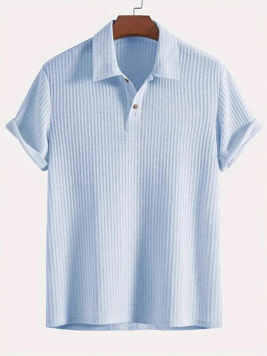 #33 - Men's Waffle-Knit Collared Neck Short Sleeve Polo - Last Call Light Blue / M Men's Shirts Jonathan M Collection