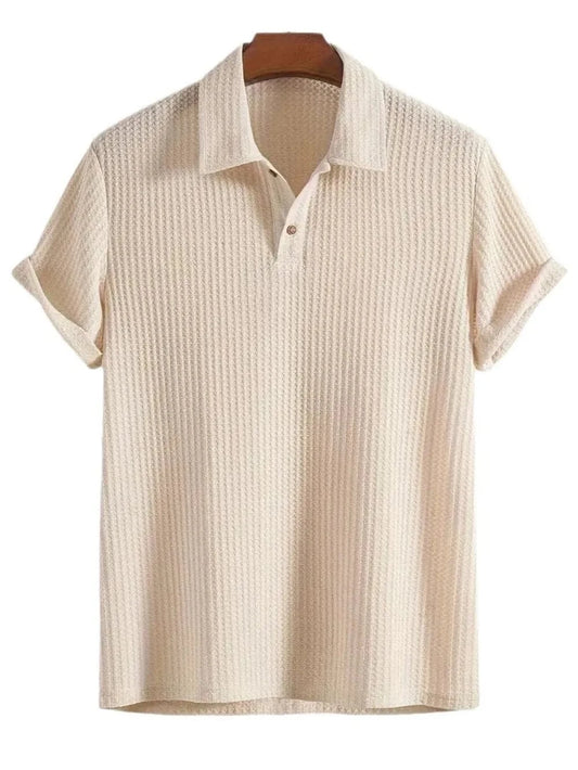 Men's Waffle-Knit Collared Neck Short Sleeve Polo Beige / S Jonathan M Collection