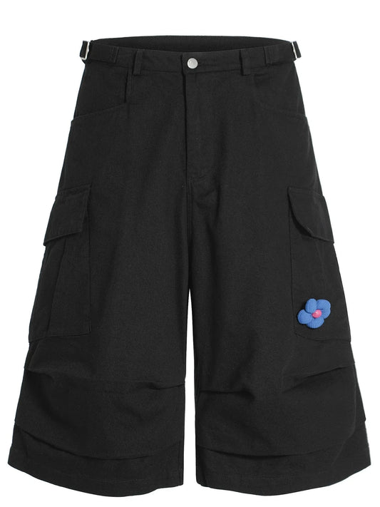 Men's Wide Leg Cargo Shorts with Flower Patch Black / S Jonathan M Collection