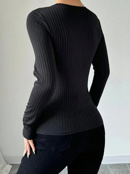 Mesh Detail Round Neck Long Sleeve Top The Nichole Collection