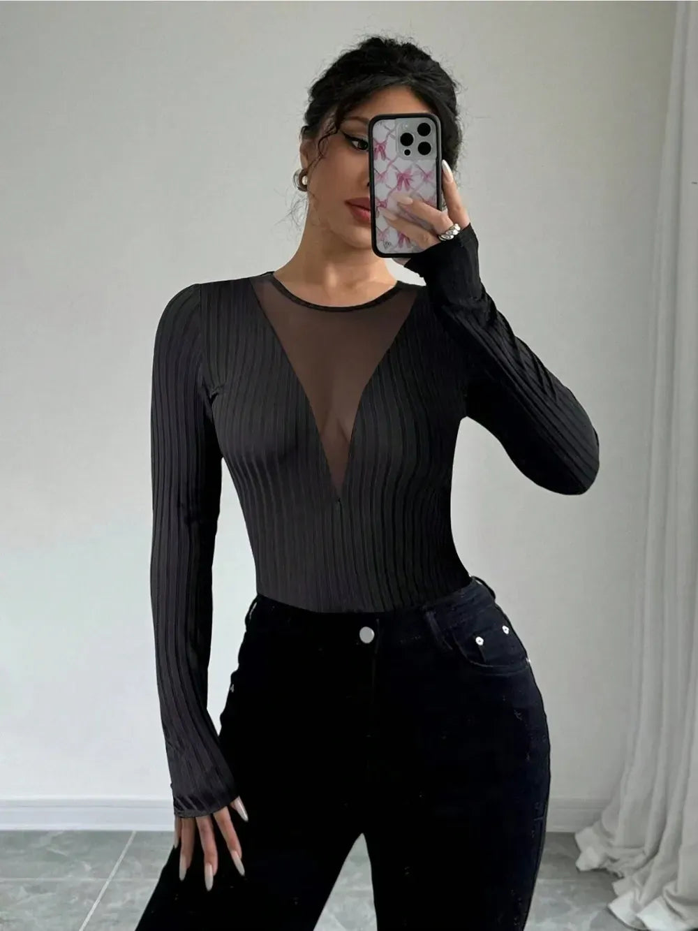 Mesh Detail Round Neck Long Sleeve Top The Nichole Collection