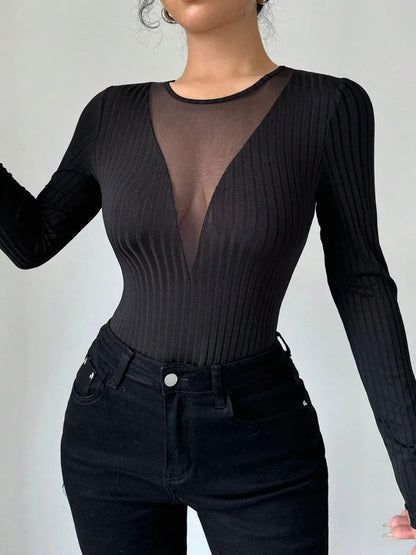 Mesh Detail Round Neck Long Sleeve Top Black / S The Nichole Collection