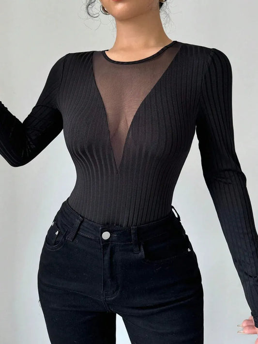 Mesh Detail Round Neck Long Sleeve Top Black / S The Nichole Collection