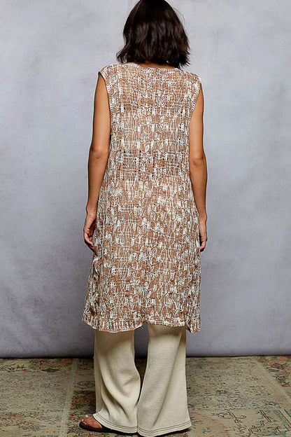 Metal Button Down Crochet Sleeveless Longline Cardigan MOCHA MULTI / One Size The Nichole Collection