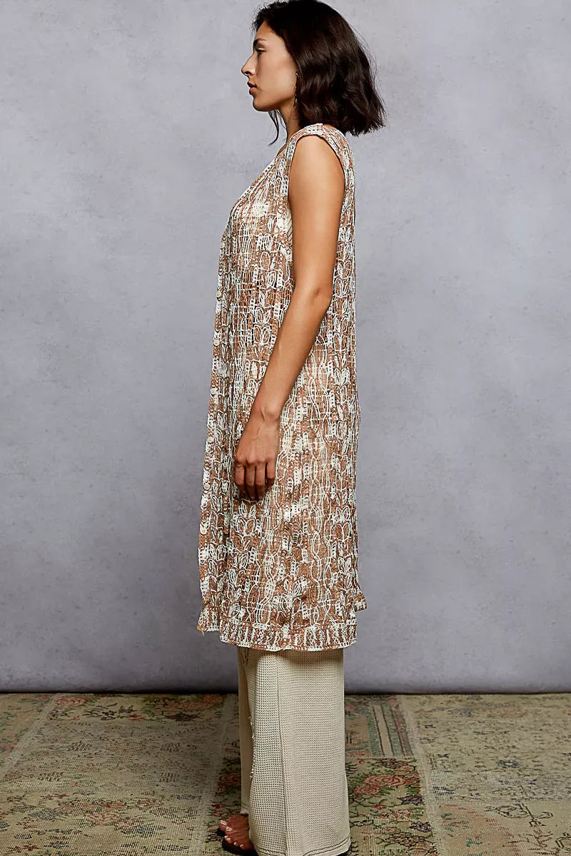 Metal Button Down Crochet Sleeveless Longline Cardigan MOCHA MULTI / One Size The Nichole Collection