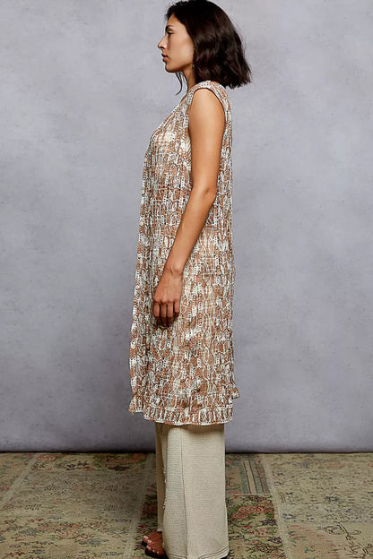 Metal Button Down Crochet Sleeveless Longline Cardigan MOCHA MULTI / One Size The Nichole Collection