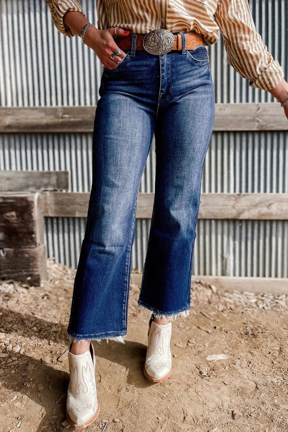 Mineral Wash Raw Hem High Waist Flared Jeans The Nichole Collection