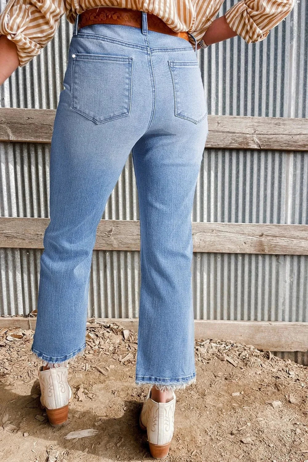 Mineral Wash Raw Hem High Waist Flared Jeans The Nichole Collection