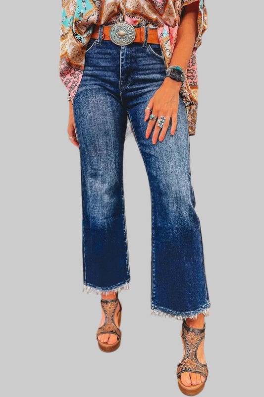 Mineral Wash Raw Hem High Waist Flared Jeans Navy / 4 The Nichole Collection