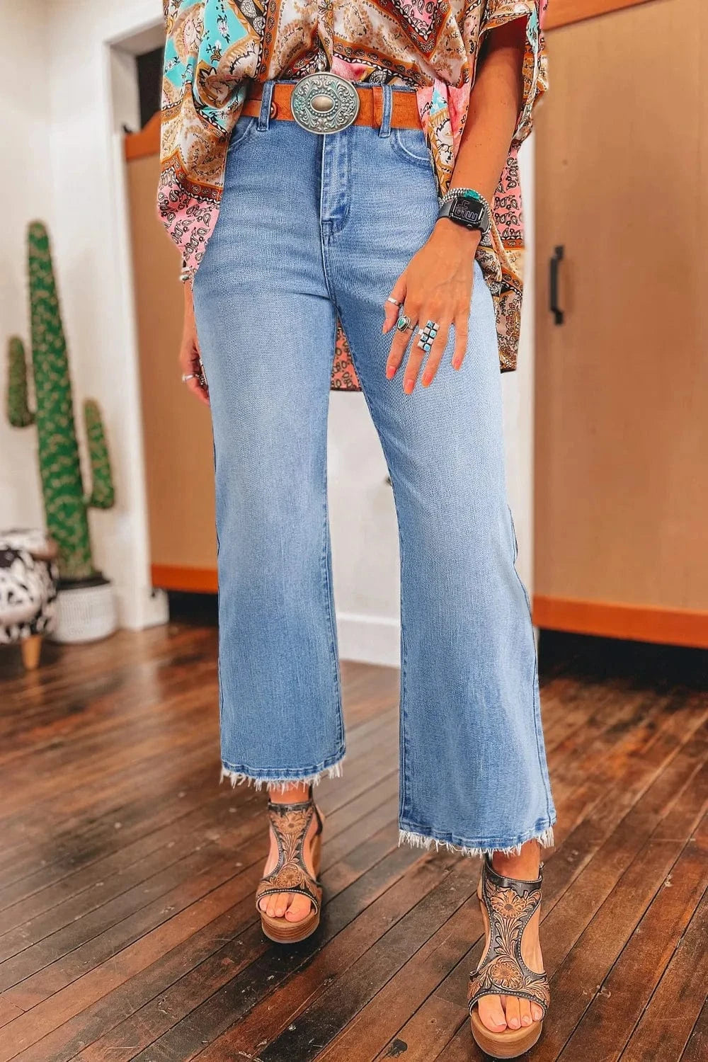 Mineral Wash Raw Hem High Waist Flared Jeans Light Blue / 4 The Nichole Collection