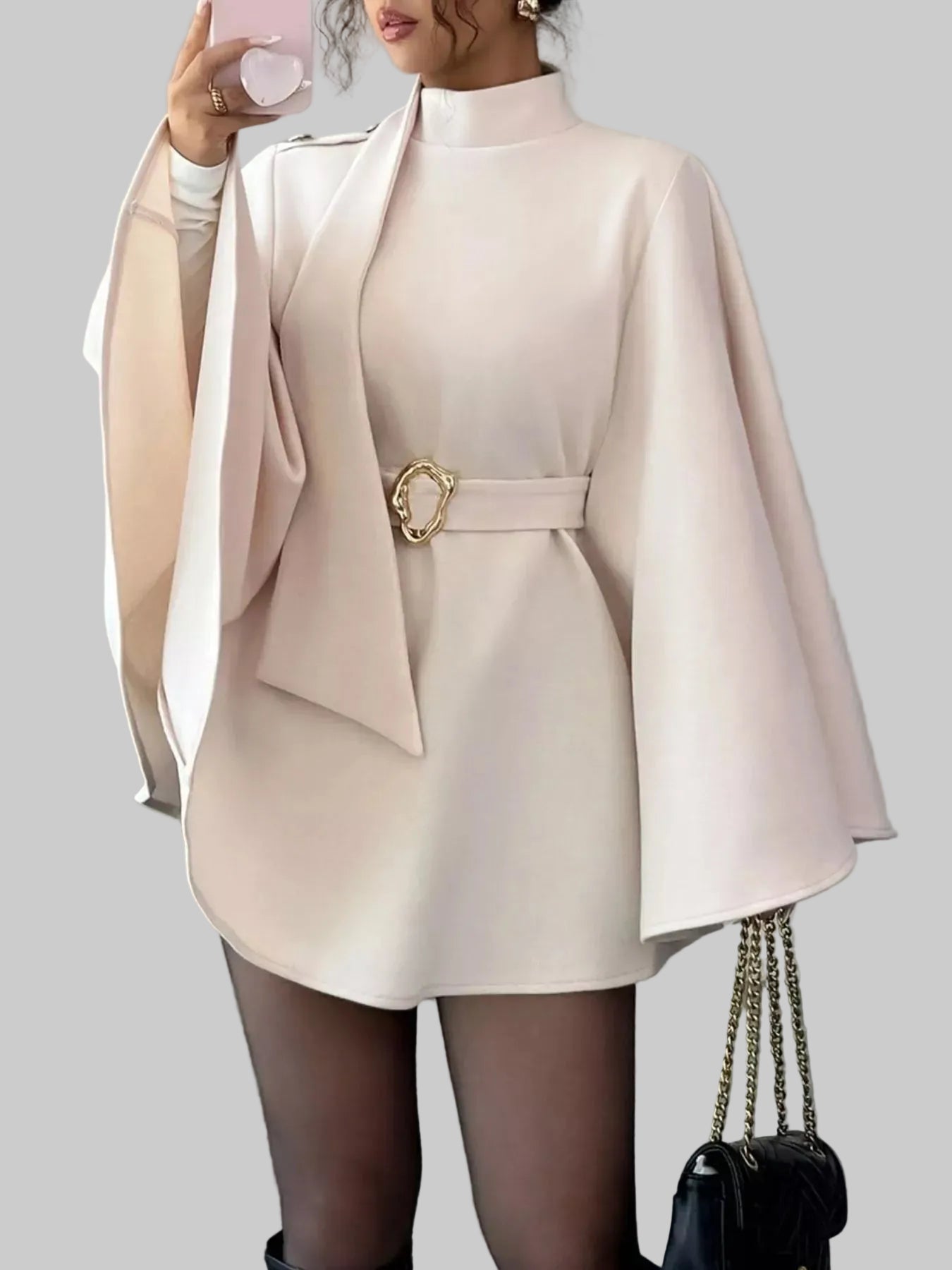 Mock Neck Batwing Sleeve Cape Outerwear Apricot / S The Nichole Collection