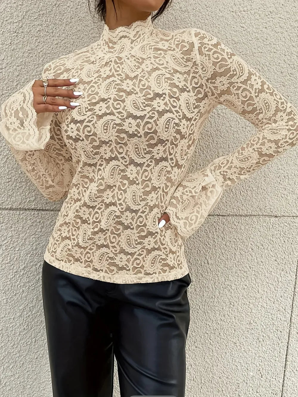 Mock Neck Long Sleeve Lace Top Lace Tan / S The Nichole Collection