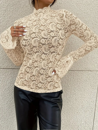 Mock Neck Long Sleeve Lace Top Lace Tan / S The Nichole Collection
