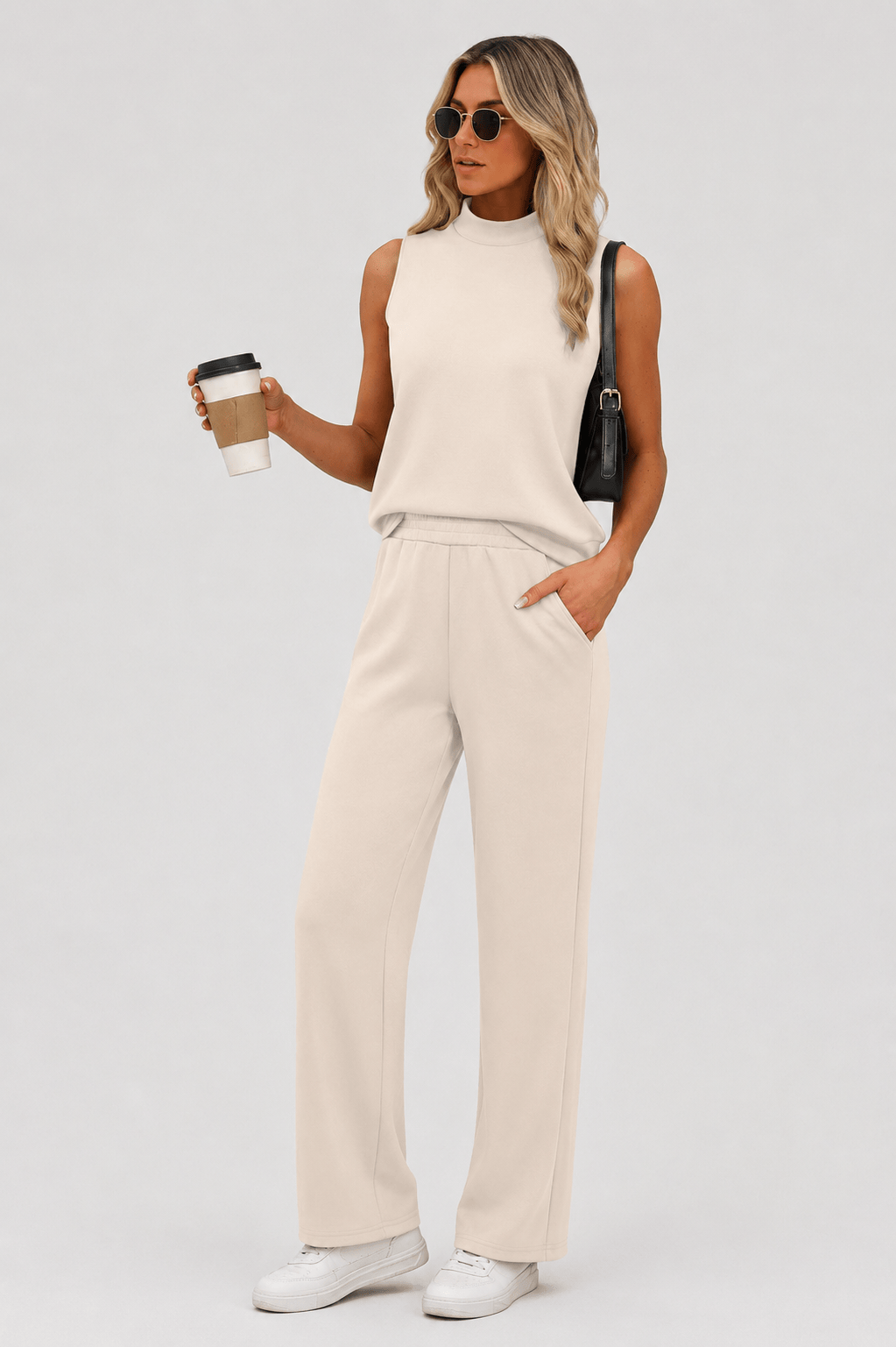 Mock Neck Wide Leg Lounge Set – Effortless Travel Outfit for Women Small / Beige The Nichole Collection