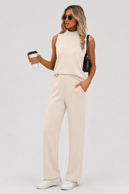 Mock Neck Wide Leg Lounge Set – Effortless Travel Outfit for Women Small / Beige The Nichole Collection