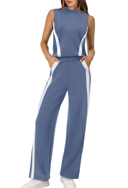 Mock Neck Wide Leg Lounge Set – Effortless Travel Outfit for Women Small / Blue The Nichole Collection