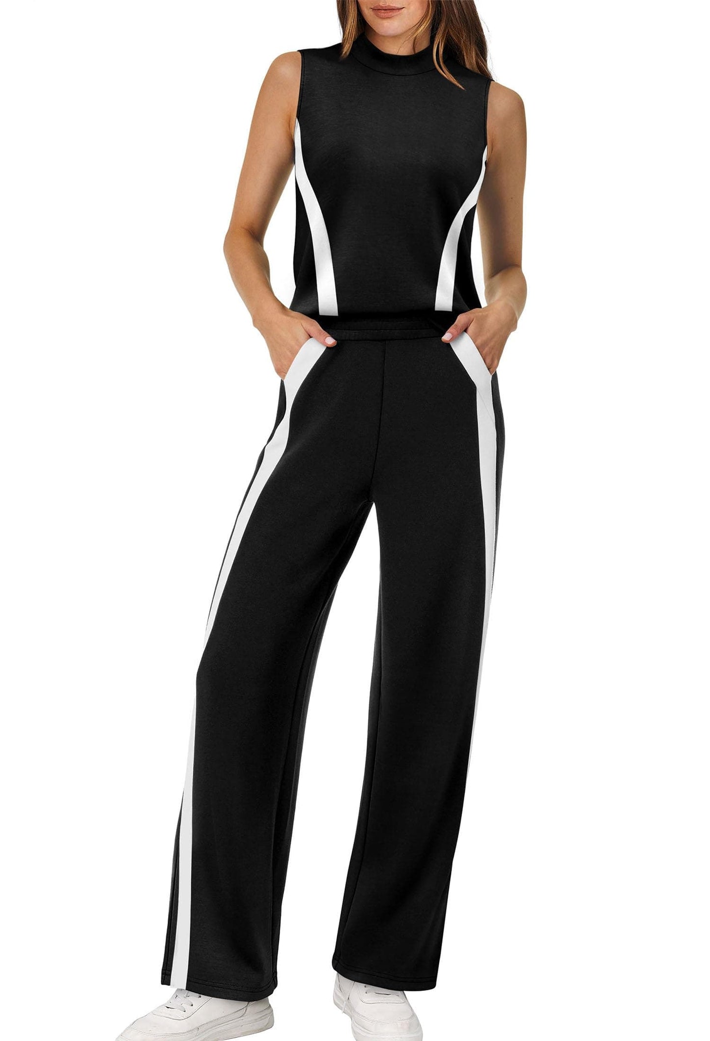 Mock Neck Wide Leg Lounge Set – Effortless Travel Outfit for Women Small / Black+white The Nichole Collection