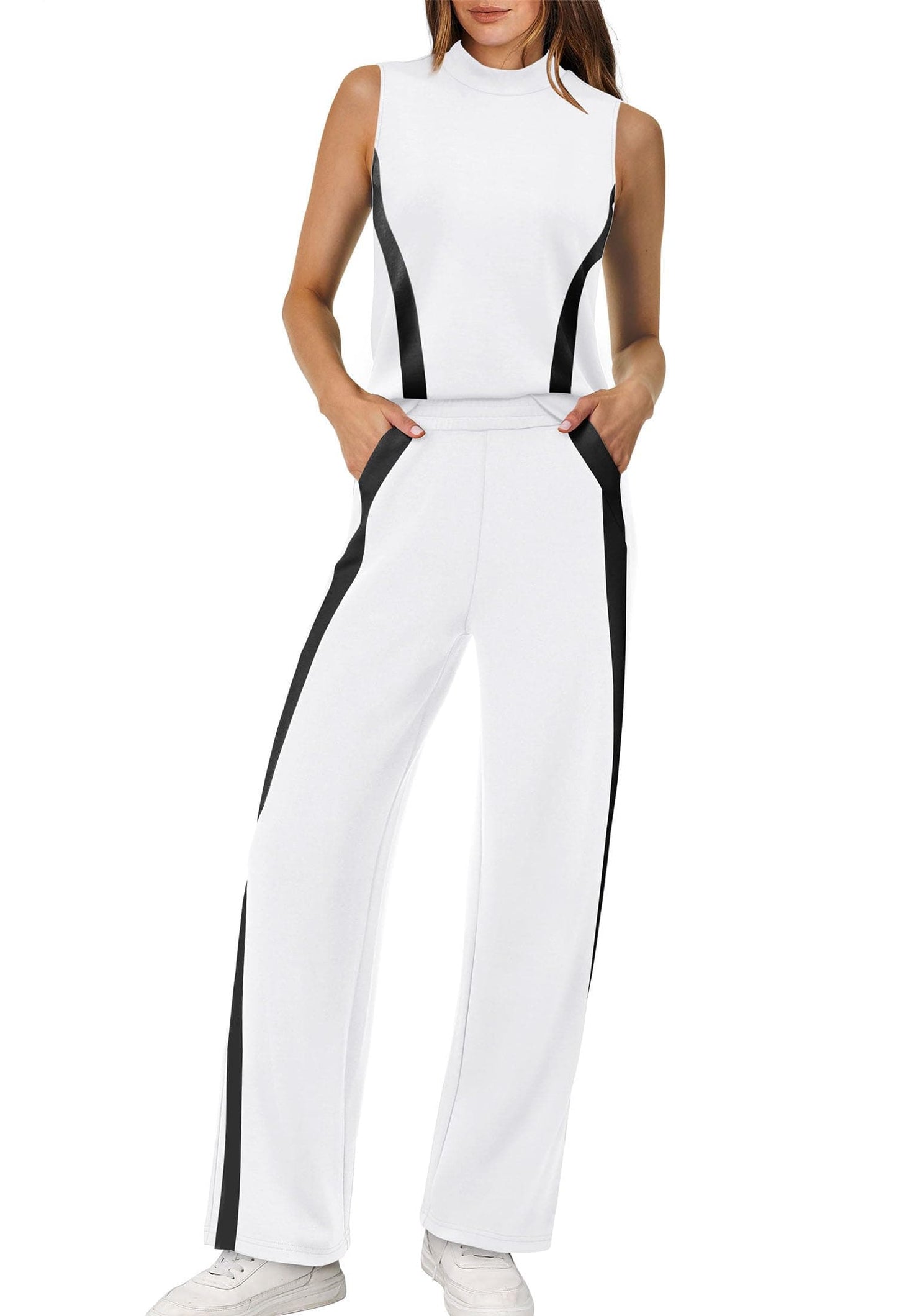 Mock Neck Wide Leg Lounge Set – Effortless Travel Outfit for Women Small / White+black The Nichole Collection