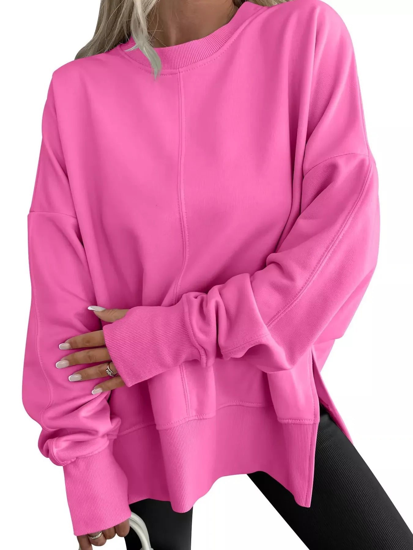 Modern Side-Slit Round Neck Long Sleeve Sweatshirt Pink / S The Nichole Collection