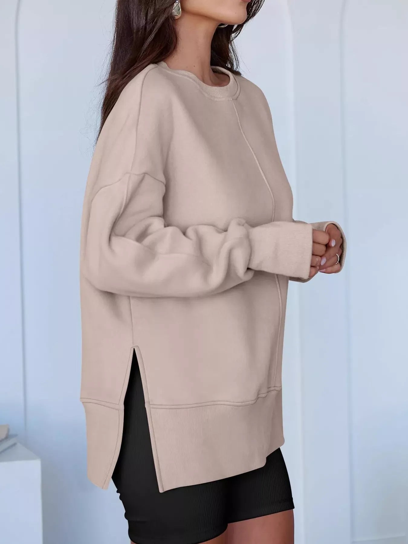 Modern Side-Slit Round Neck Long Sleeve Sweatshirt The Nichole Collection