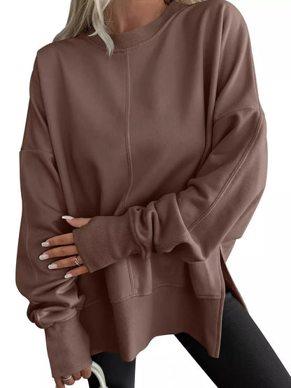 Modern Side-Slit Round Neck Long Sleeve Sweatshirt Dark Brown / S The Nichole Collection
