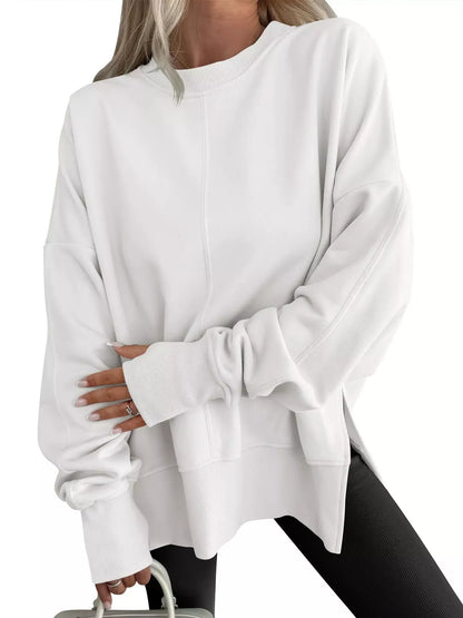 Modern Side-Slit Round Neck Long Sleeve Sweatshirt White / S The Nichole Collection
