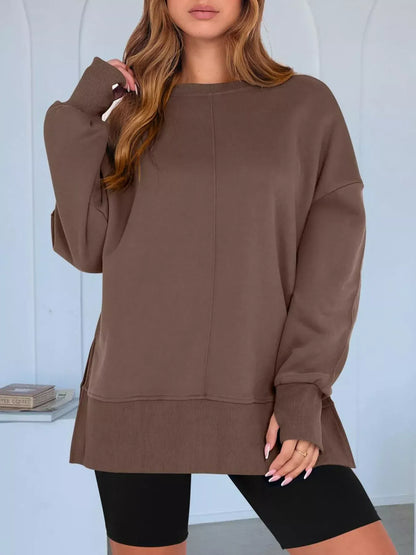 Modern Side-Slit Round Neck Long Sleeve Sweatshirt The Nichole Collection