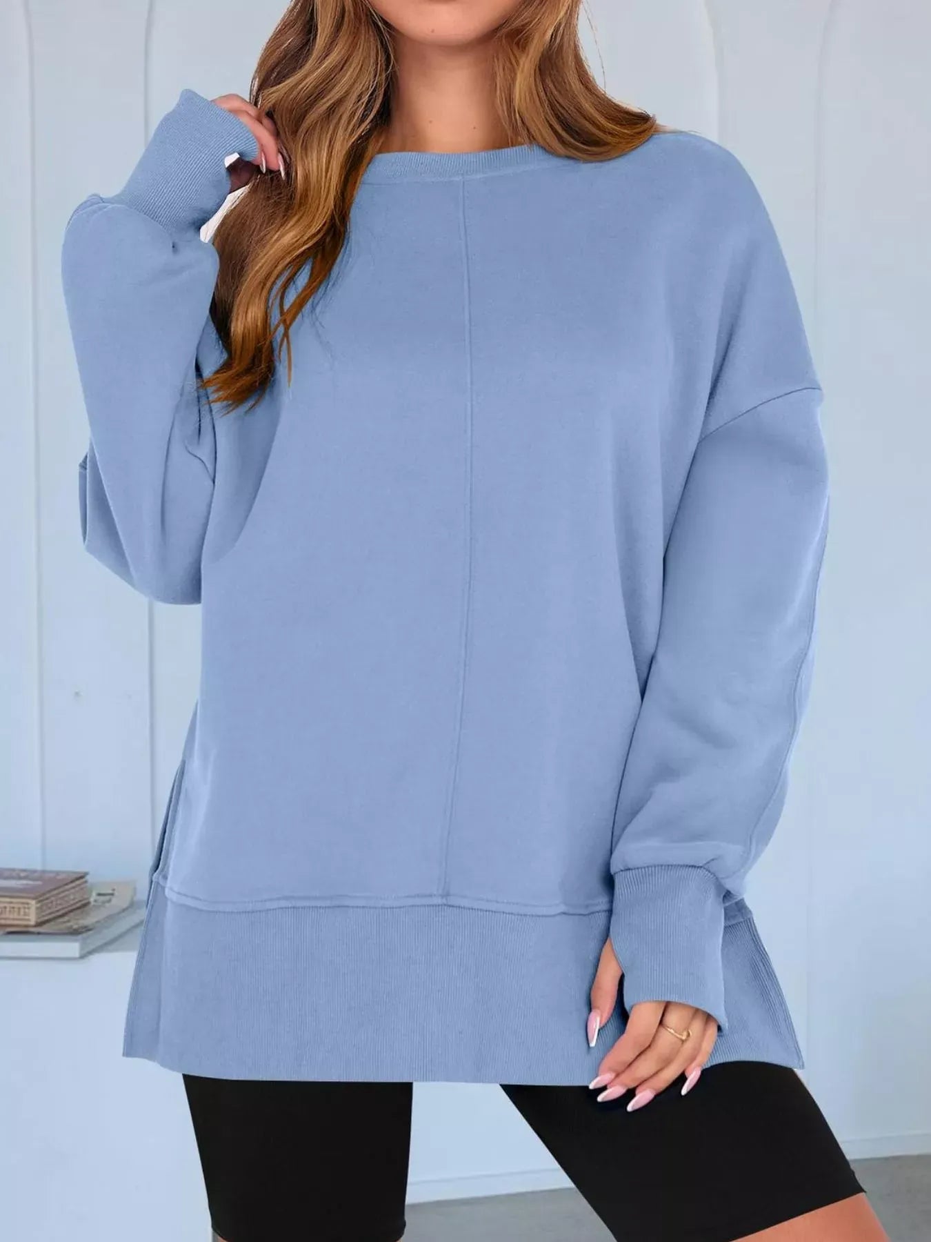 Modern Side-Slit Round Neck Long Sleeve Sweatshirt The Nichole Collection