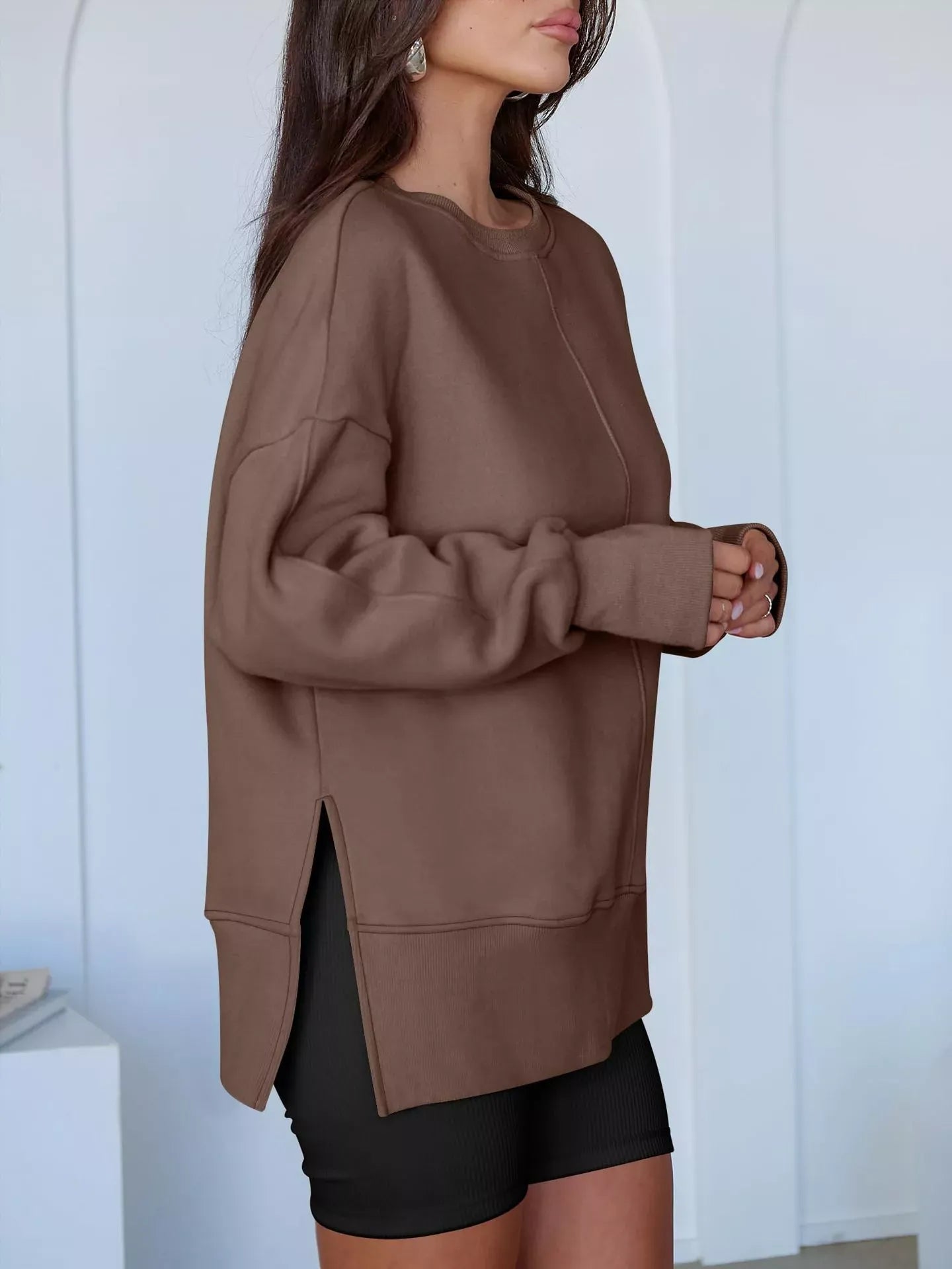 Modern Side-Slit Round Neck Long Sleeve Sweatshirt The Nichole Collection