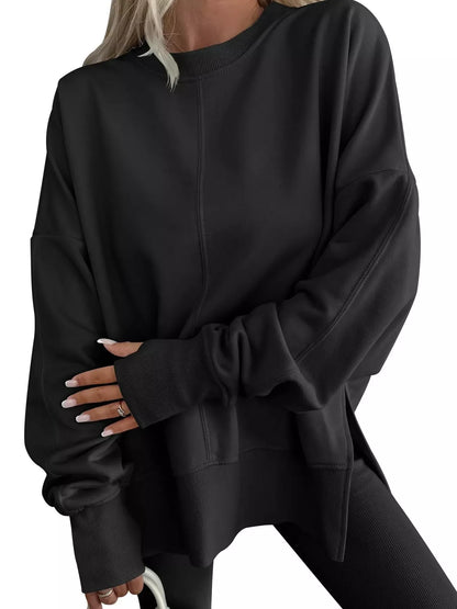 Modern Side-Slit Round Neck Long Sleeve Sweatshirt Black / S The Nichole Collection