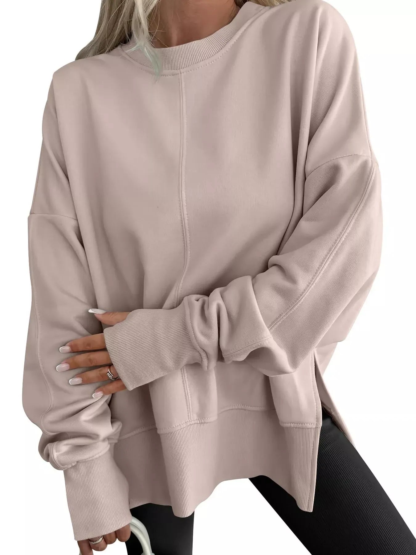 Modern Side-Slit Round Neck Long Sleeve Sweatshirt Khaki / S The Nichole Collection