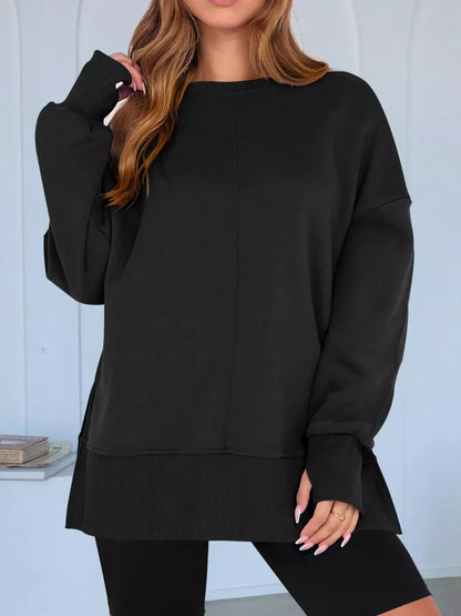Modern Side-Slit Round Neck Long Sleeve Sweatshirt The Nichole Collection
