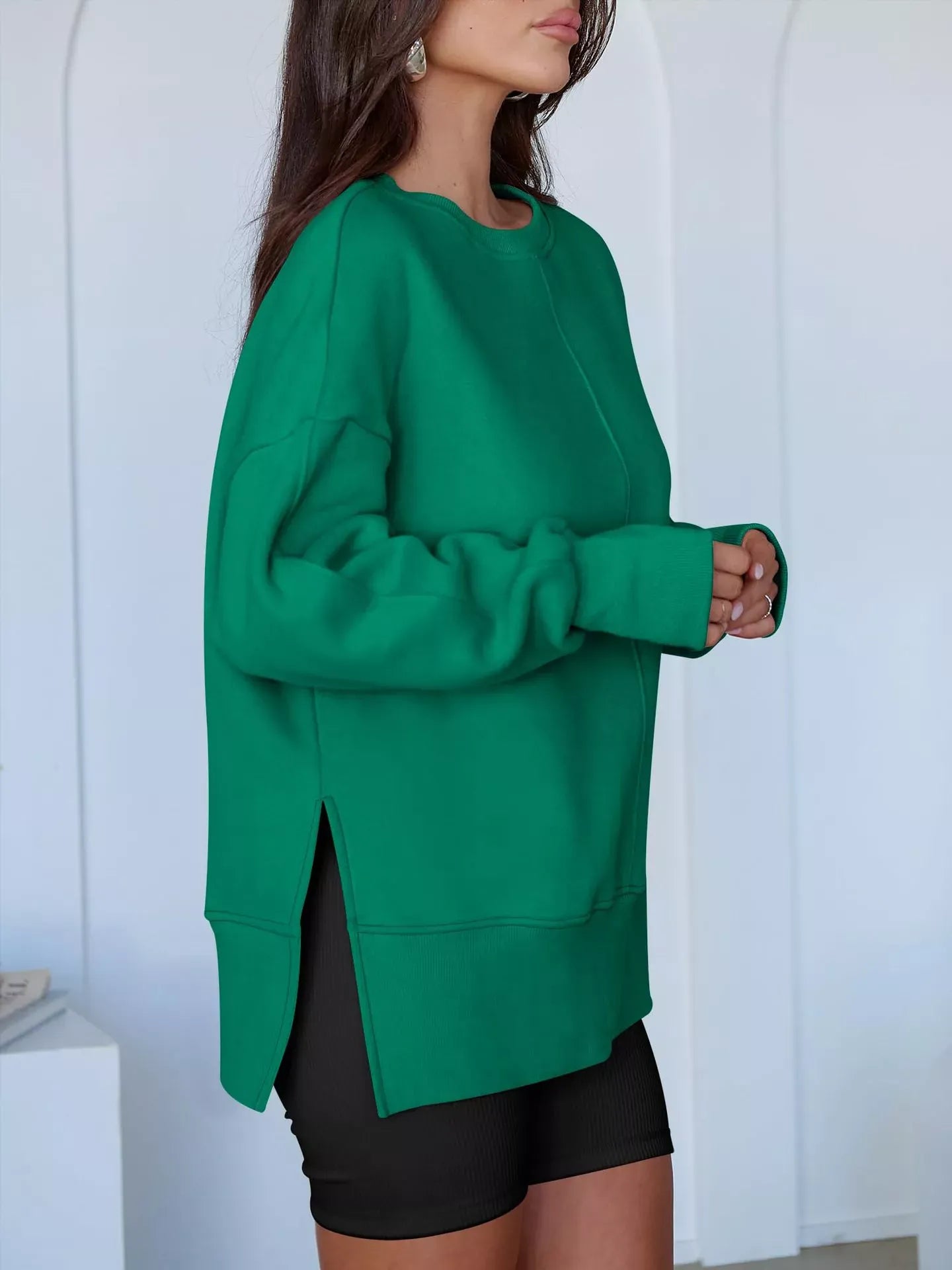Modern Side-Slit Round Neck Long Sleeve Sweatshirt The Nichole Collection